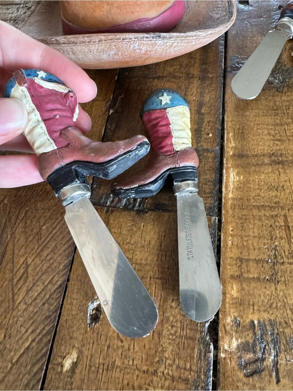 Texas Cowboy Boot Cheese Spreader Set w/ Cowboy Hat Holder Western Decor